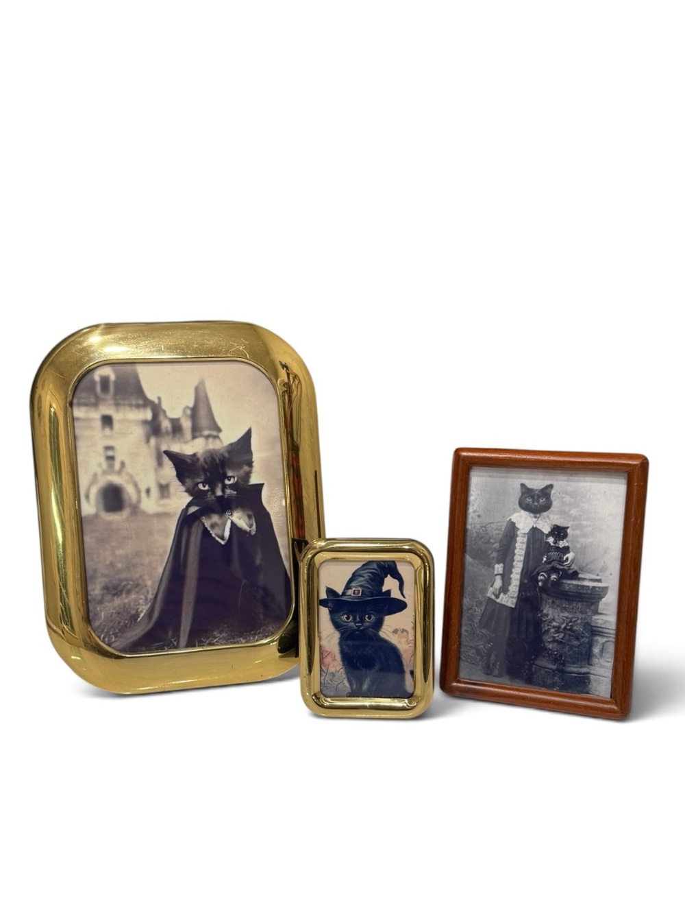 Vintage Set of 3 Decorative Picture Frames in Brass and Wood